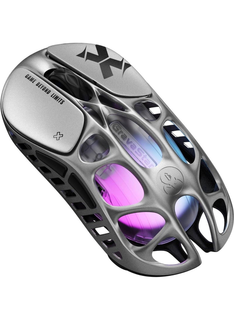 Gravastar ماوس الألعاب اللاسلكي GravaStar Mercury X، 32,000 DPI مستشعر PAW 3950، معدل استقصاء 1000Hz، 49g، إطار مجوف من سبائك المغنيسيوم، إضاءة RGB، 5 أزرار قابلة للبرمجة، فضي بين النجوم | Mercury X - Image 1